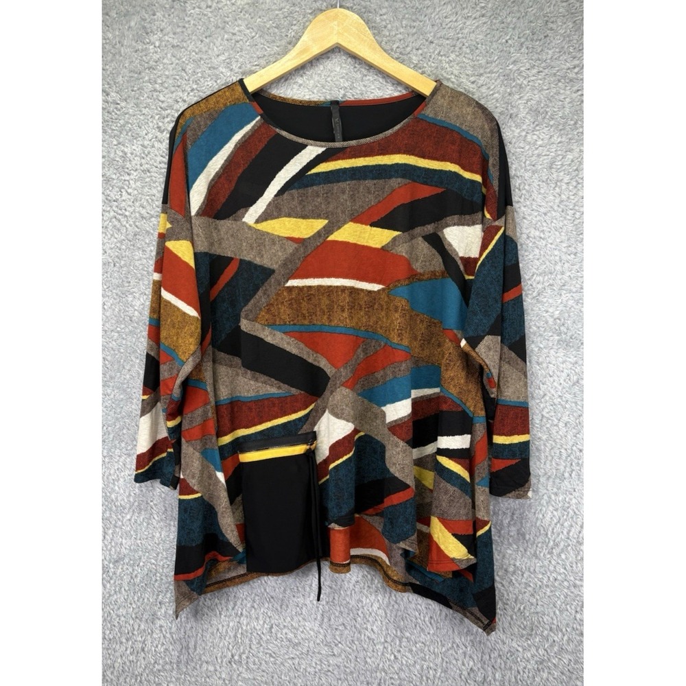 IC Connie K Womens M Geometric Tunic Top Brown Black Sharkbite Artsy Lagenlook